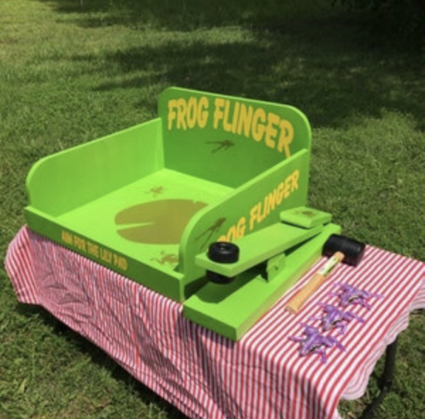 A Frog Flipper Game on a table in the grass.