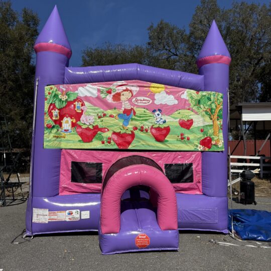 Purple and pink strawberry-themed bouncy castle
