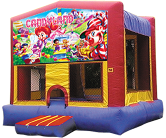 A Candyland Bounce House with a clown on it.