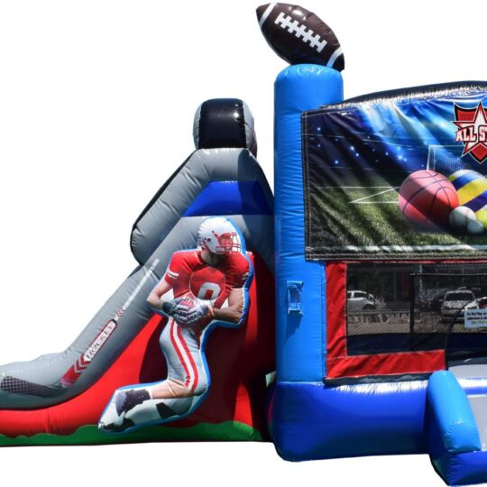 A Sports Bounce House and Slide themed bounce house with a slide.