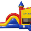 A Ninja Bounce House and Slide Combo featuring a blue and yellow bouncy castle with a slide.