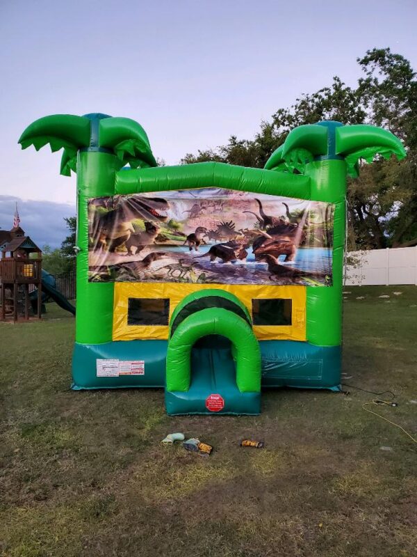 Dinosaur Bounce House in green color kept outside a house