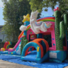 A Llama Bounce House and Slide Combo with a unicorn and cactus.