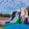 A Flamingo Bounce House and Slide Combo, featuring a vibrant pink and green design, is set up in a field.