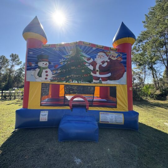 Christmas bounce house with Santa and snowman